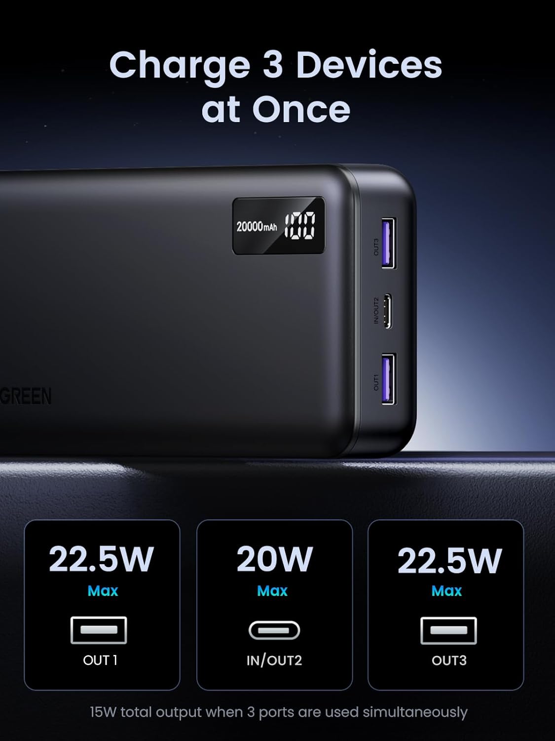 Bateria Externa UGREEN PB312, 20000mAh, 22.5W, QC + PD, 1 x USB-C - 2 x USB-A, Preta