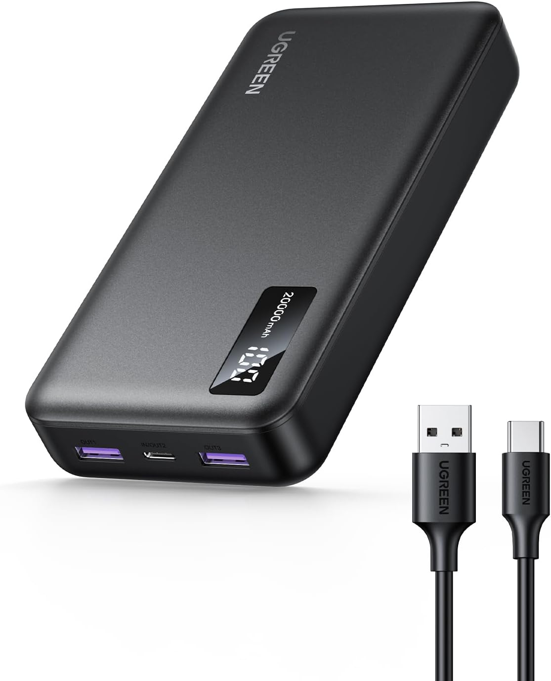 Bateria Externa UGREEN PB312, 20000mAh, 22.5W, QC + PD, 1 x USB-C - 2 x USB-A, Preta