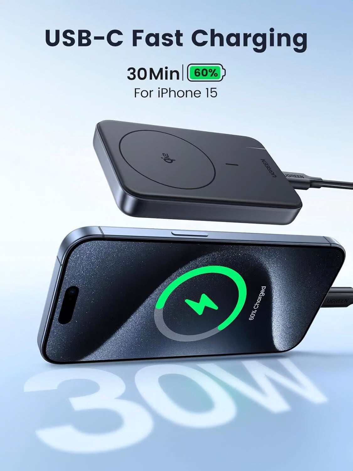 UGREEN PB761 External Battery, 10000mAh, 30W, PD + FQI, 1 x QI - 1 x USB-C, Grey