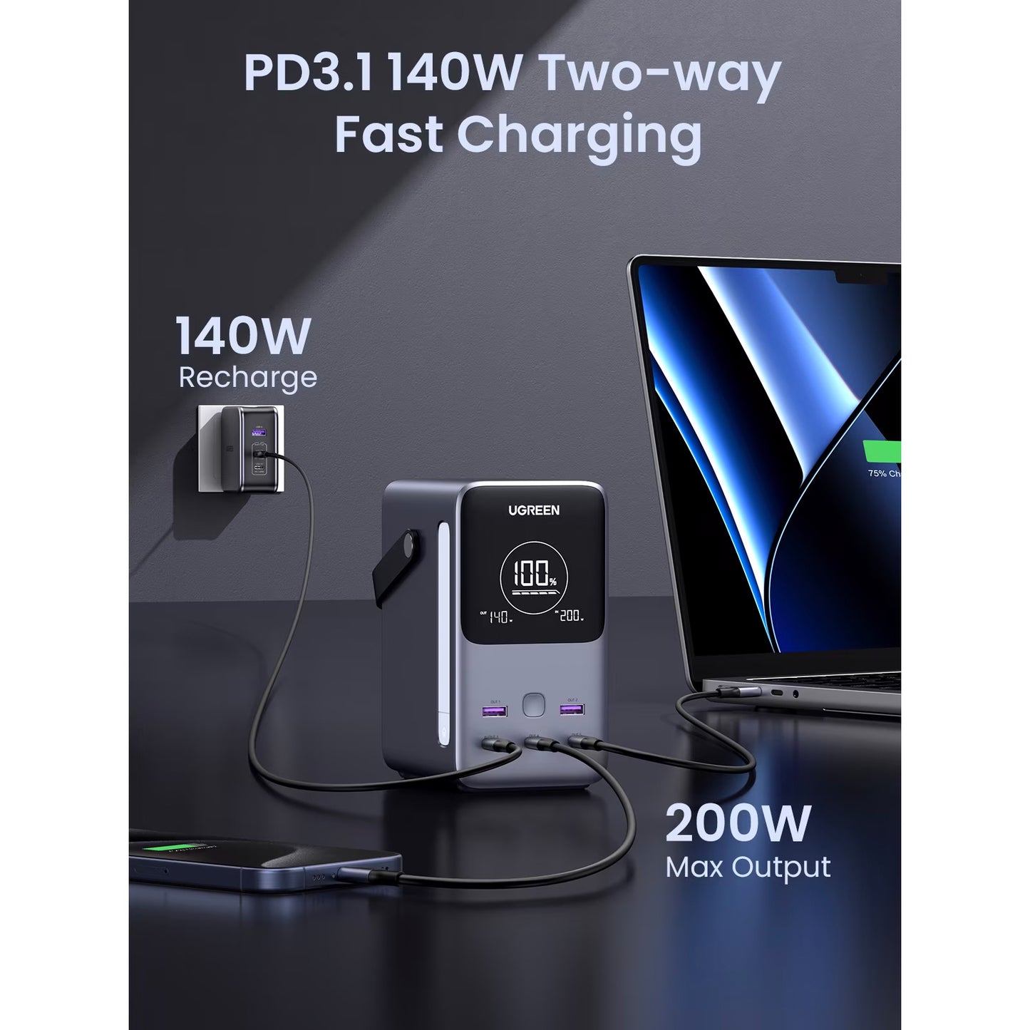 Bateria Externa UGREEN PB770, 48000mAh, 300W, QC + PD, 2 x USB-A - 3 x USB-C, Cinzento