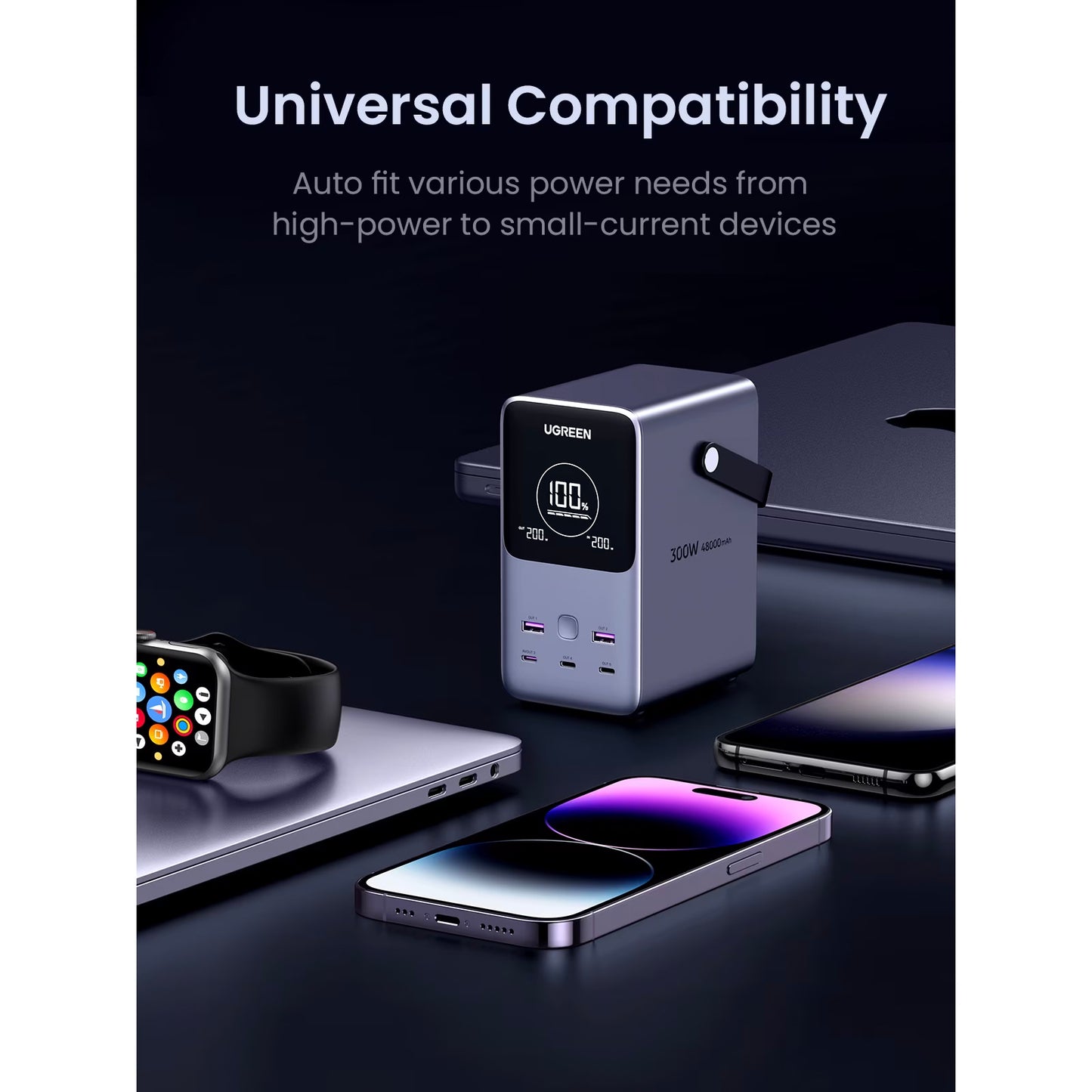 Bateria Externa UGREEN PB770, 48000mAh, 300W, QC + PD, 2 x USB-A - 3 x USB-C, Cinzento
