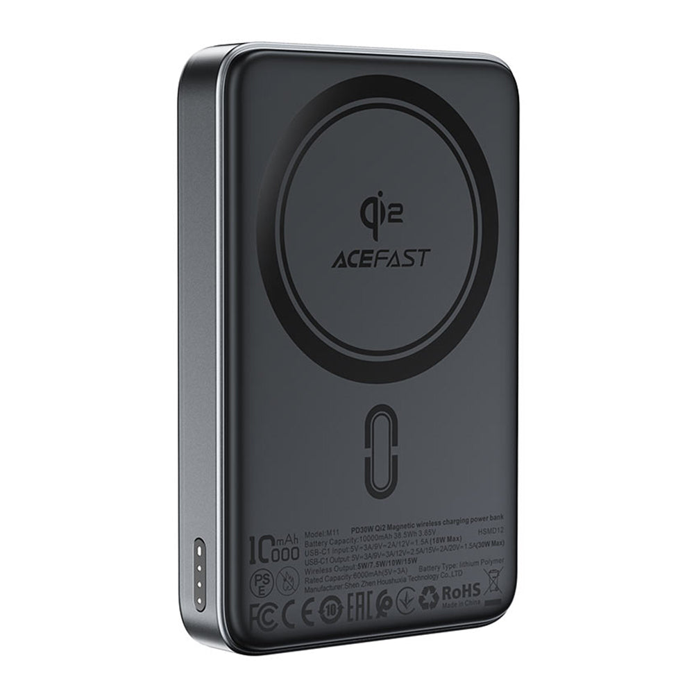 Bateria Externa Wireless Acefast M11, 10000mAh, 30W, PD + FQI, 1 x QI - 1 x USB-C, Preta