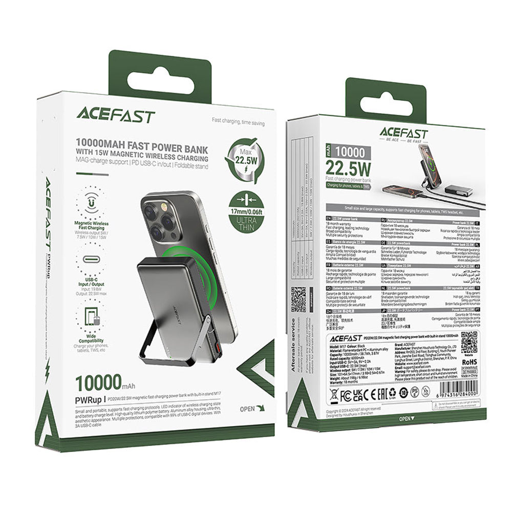 Bateria Externa Wireless Acefast M17, 10000mAh, 22.5W, PD + FQI, 1 x QI - 1 x USB-C, Preta