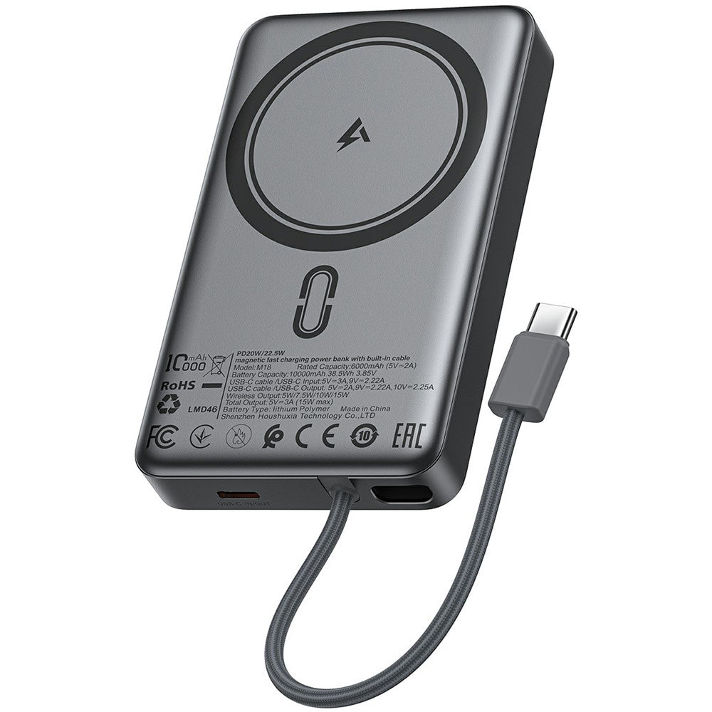 Bateria Externa Wireless Acefast M18, 10000mAh, 22.5W, PD + FQI, 1 x QI - 2 x USB-C, Preta