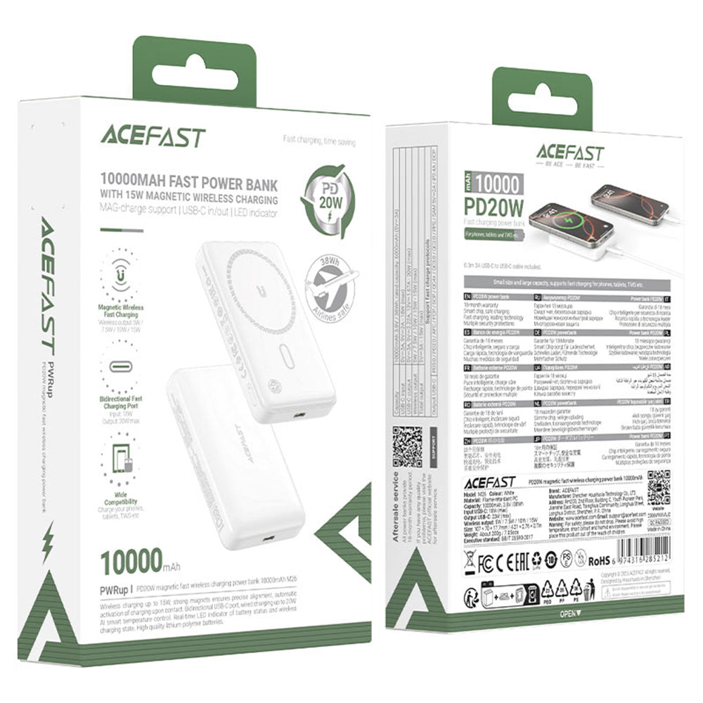 Bateria Externa Wireless Acefast M26, 10000mAh, 20W, PD + FQI, 1 x QI - 1 x USB-C, Branca
