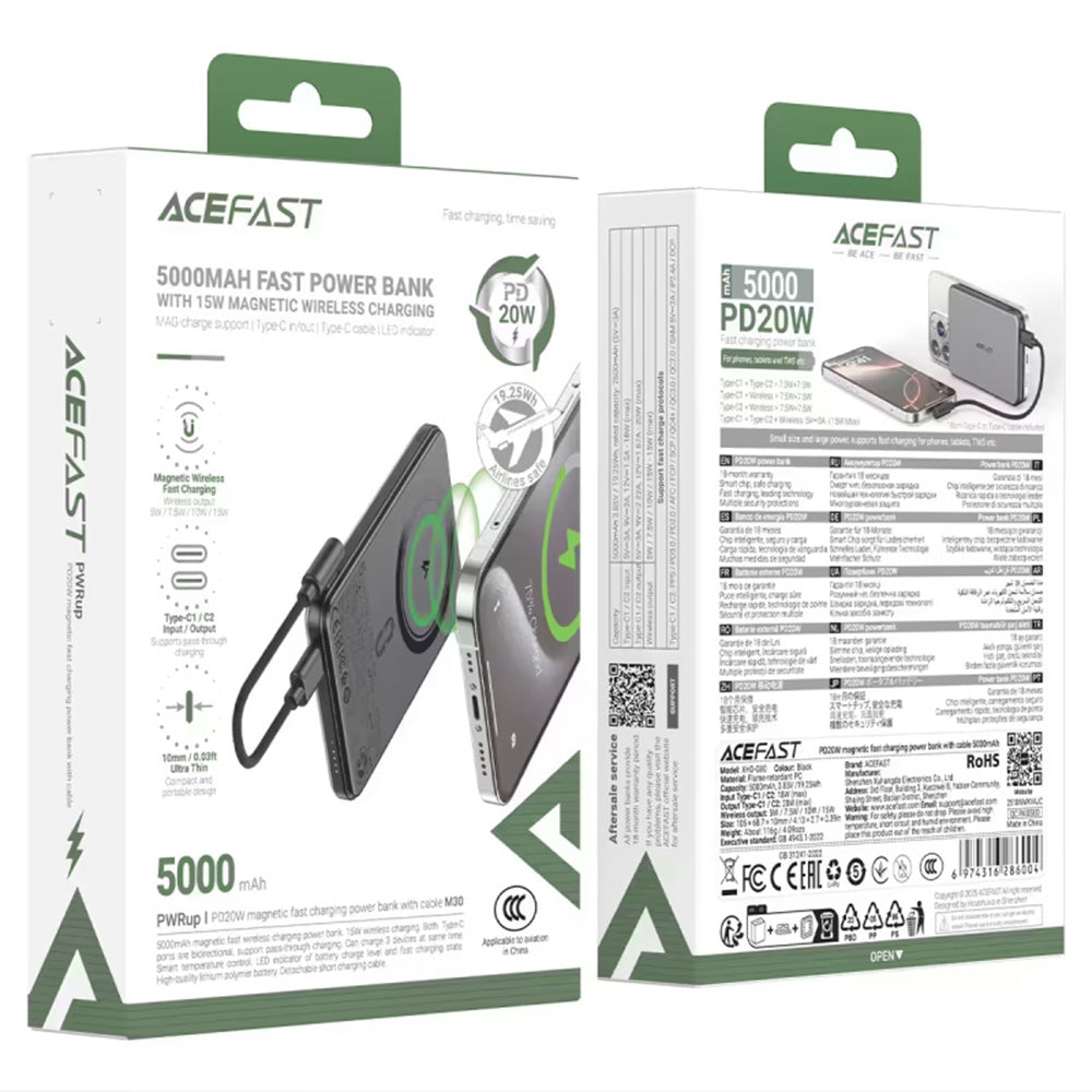 Bateria Externa Wireless Acefast M30, 5000mAh, 20W, PD + FQI, 1 x QI - 2 x USB-C, Preta