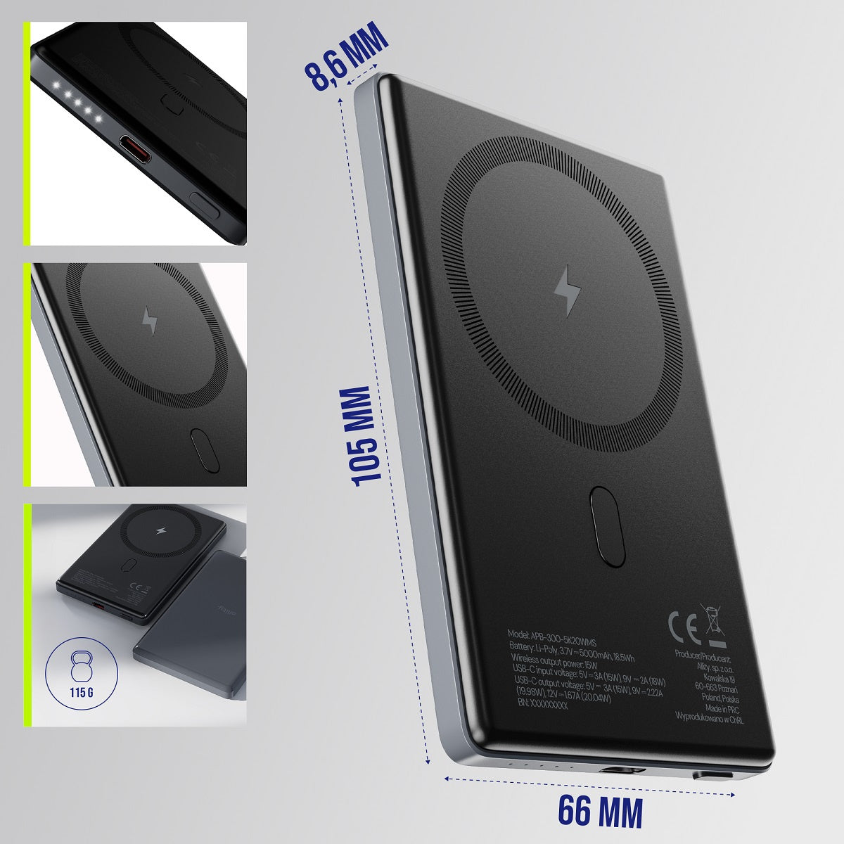 Bateria Externa Wireless Allity. APB-300, 5000mAh, 20W, PD + FQI, 1 x QI - 1 x USB-C, Cinzento