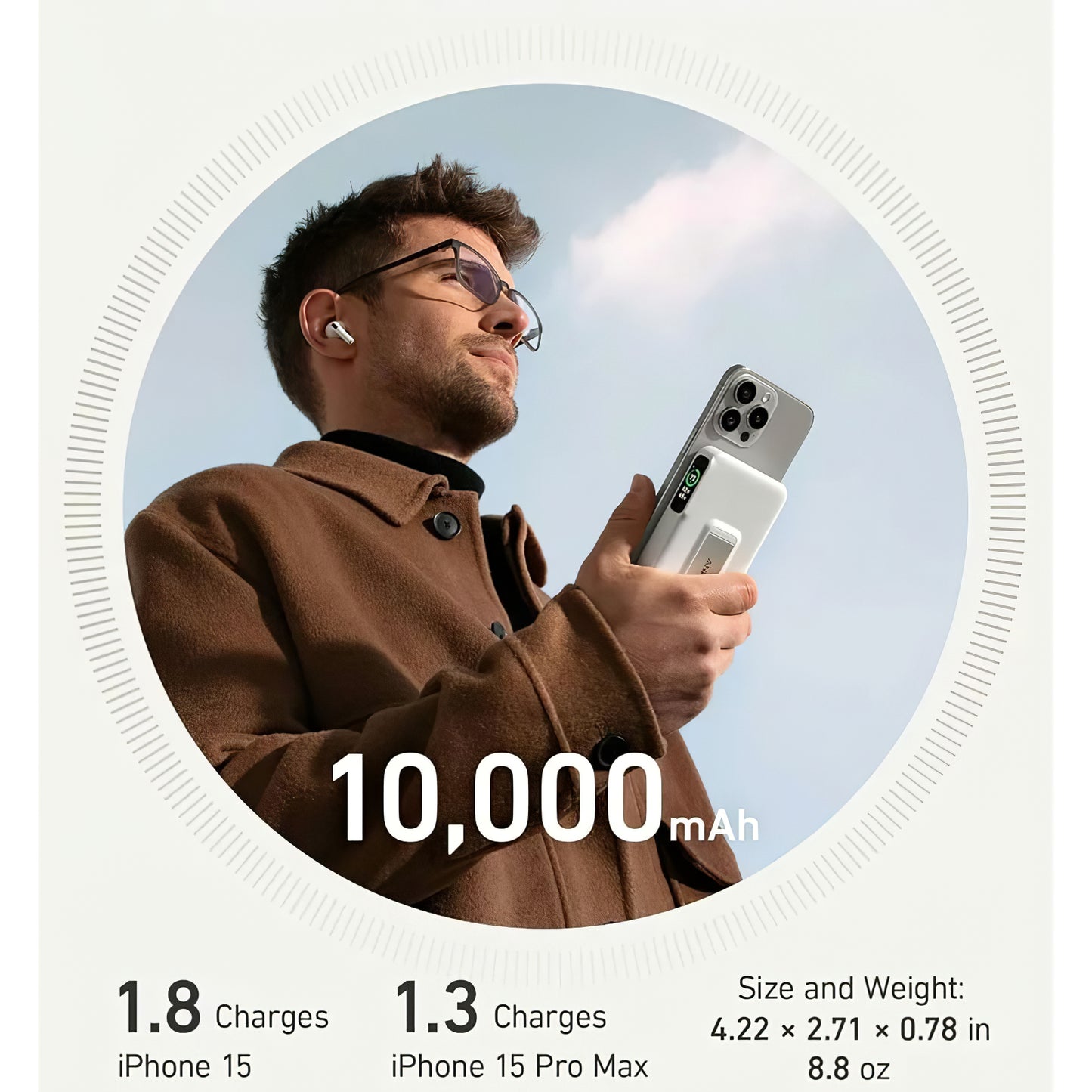 Bateria externa sem fios Anker MagGo, 10000mAh, 27W, PD + FQI, 1 x QI - 1 x USB-C, branco A1654G21