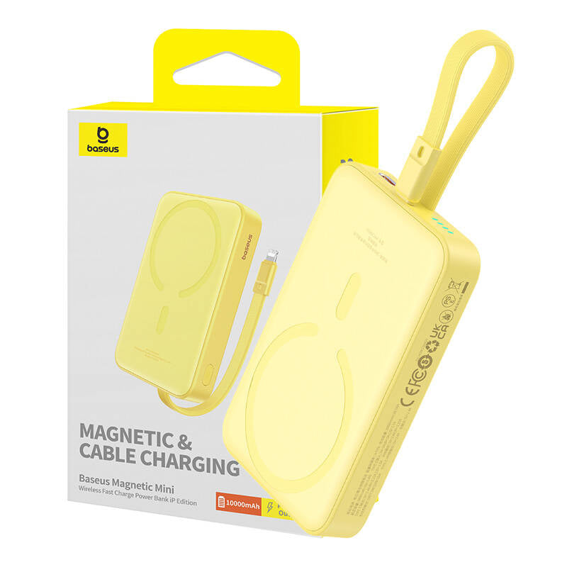 Bateria Externa Wireless Baseus Magnetic Mini, 10000mAh, 20W, PD + FQI, 1 x Lightning - 1 x QI - 1 x USB-C, Amarela P10022109Y23-00