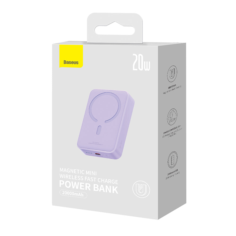 Bateria Externa Wireless Baseus Magnetic Mini, 20000mAh, 20W, PD + FQI, 1 x QI - 1 x USB-C, Roxo PPCX150005