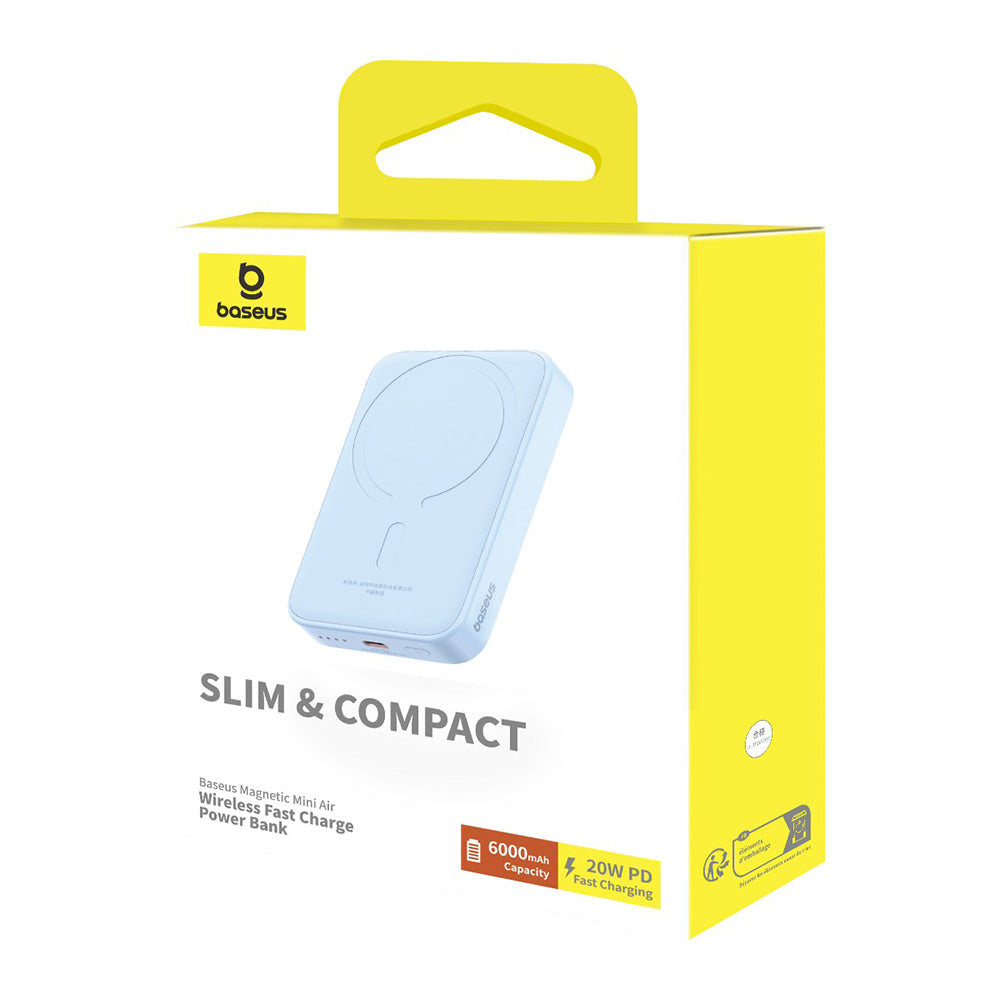 Bateria Externa Wireless Baseus Mini Air, 6000mAh, 20W, PD + FQI, 1 x QI - 1 x USB-C, Azul P10059002313-00