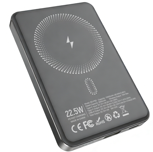 Bateria Externa Wireless BWOO BO-P82, 10000mAh, 22.5W, PD + FQI, 1 x QI - 1 x USB-C, Cinzento