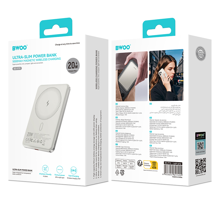 Bateria Externa Wireless BWOO P79, 5000mAh, 20W, PD + FQI, 1 x QI - 1 x USB-C, Cinzento
