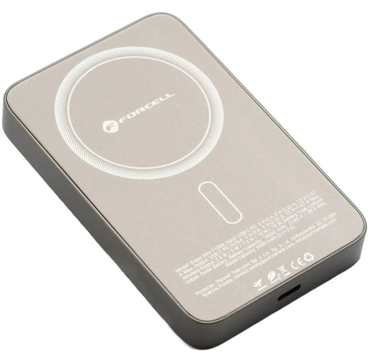 Bateria Externa Wireless Forcell F5K8, 5000mAh, 15W, PD + FQI, 1 x QI - 1 x USB-C, Dourada