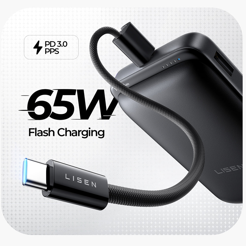 Bateria Externa Wireless Lisen P604, 10000mAh, 65W, QC + PD + FQI, 1 x QI - 1 x USB-A - 1 x USB-C, Preta