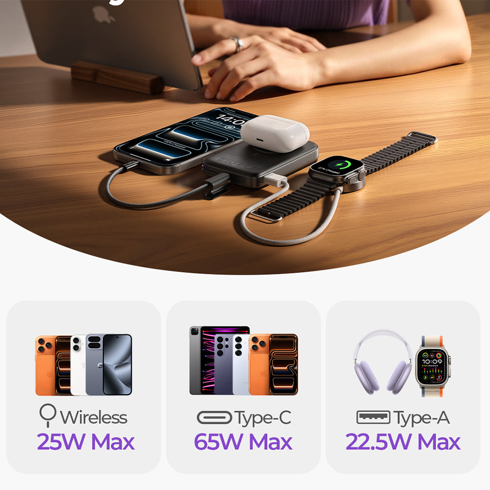Bateria Externa Wireless Lisen P604, 10000mAh, 65W, QC + PD + FQI, 1 x QI - 1 x USB-A - 1 x USB-C, Preta