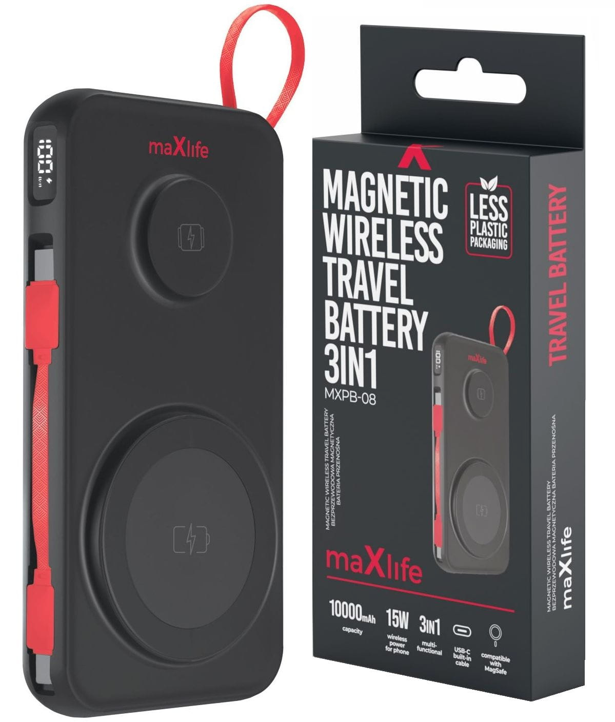 Bateria Externa Wireless MaXlife MXPB-08, 10000mAh, 22.5W, QC + PD + FQI + QI, 1 x USB-A - 1 x USB-C - 2 x QI, Preta