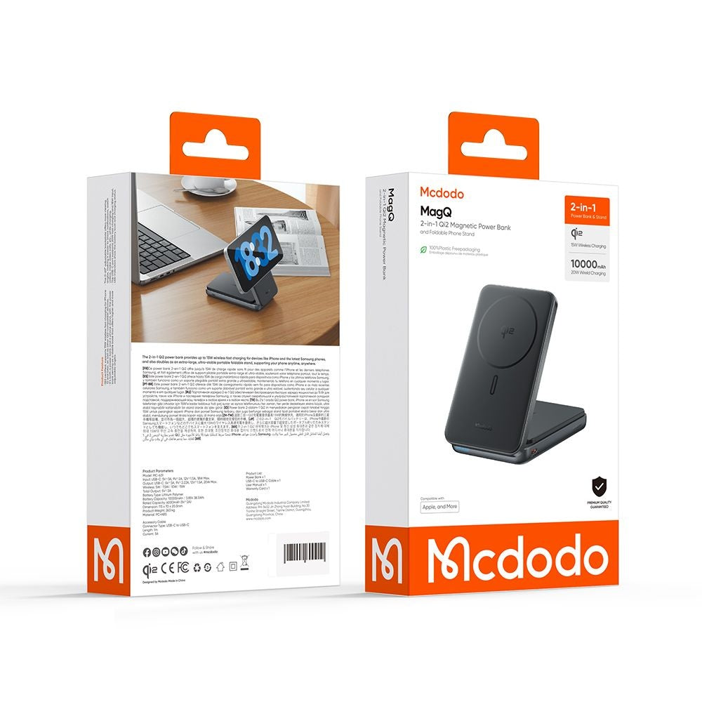 Bateria Externa Wireless McDodo MC-6310 2in1, 10000mAh, 20W, PD + FQI, 1 x USB-C, Preto