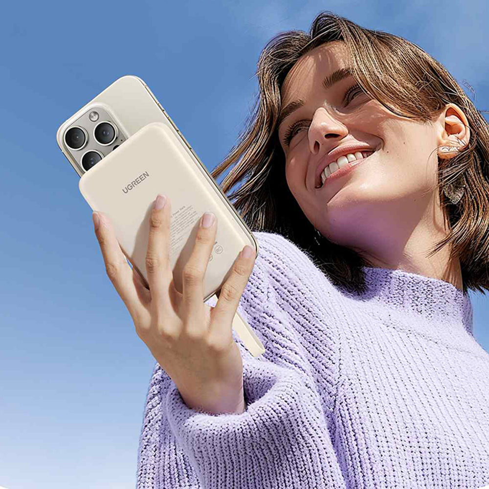 Bateria Externa Wireless UGREEN PB760, 10000mAh, 20W, PD + FQI, 1 x QI - 1 x USB-C, Bege