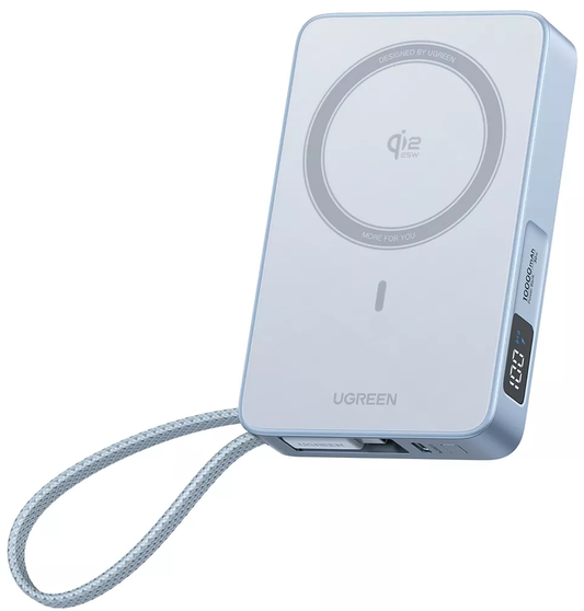 Bateria Externa Wireless UGREEN MagFlow PB773 (65958), 10000mAh, 25W, PD + FQI, 1 x QI - 2 x USB-C, Azul