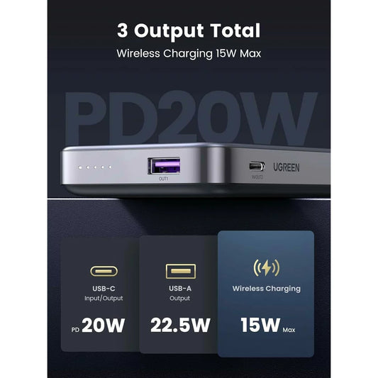 UGREEN PB206 Bateria externa sem fios, 10000mAh, 20W, QC + PD + FQI, 1 x QI - 1 x USB-A - 1 x USB-C, cinzento