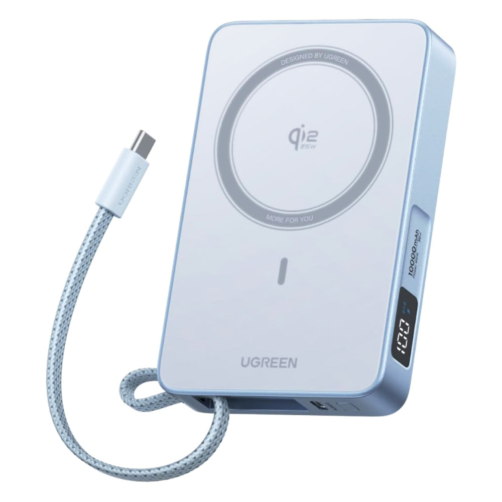 Bateria Externa Wireless UGREEN MagFlow PB773 (65958B), 10000mAh, 25W, PD + FQI, 1 x QI - 2 x USB-C, Azul