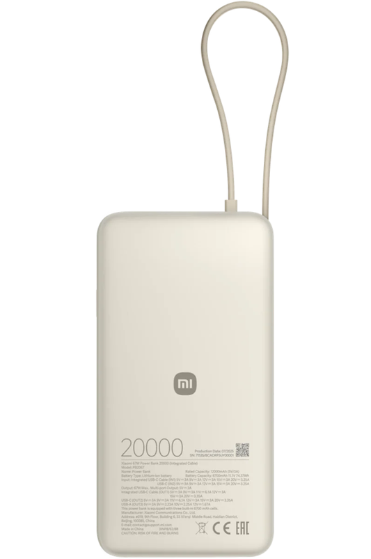 Bateria Externa Xiaomi, 20000mAh, 67W, QC + PD, 1 x USB-A - 2 x USB-C, Bege BHR08O7GL