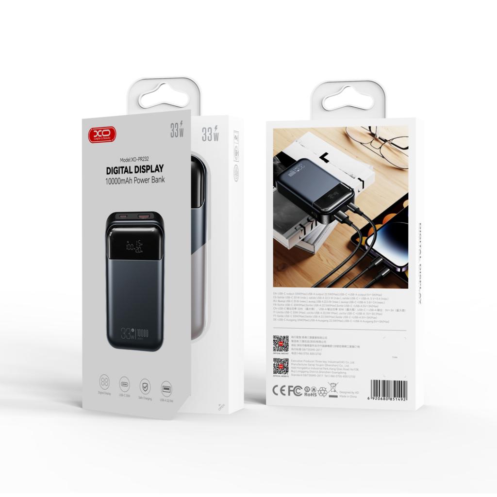 Bateria Externa XO Design PR232, 10000mAh, 33W, QC + PD, 1 x USB-A - 1 x USB-C, Preta
