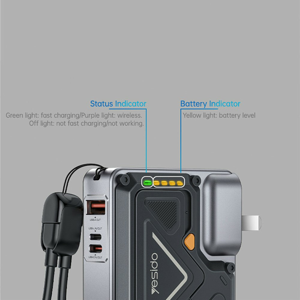 Bateria Externa Yesido YP89, 10000mAh, 22.5W, QC + PD + FQI, 1 x Lightning - 1 x QI - 1 x USB-A - 1 x USB-C, Cinzento