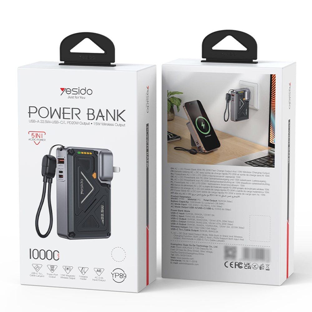 Bateria Externa Yesido YP89, 10000mAh, 22.5W, QC + PD + FQI, 1 x Lightning - 1 x QI - 1 x USB-A - 1 x USB-C, Cinzento