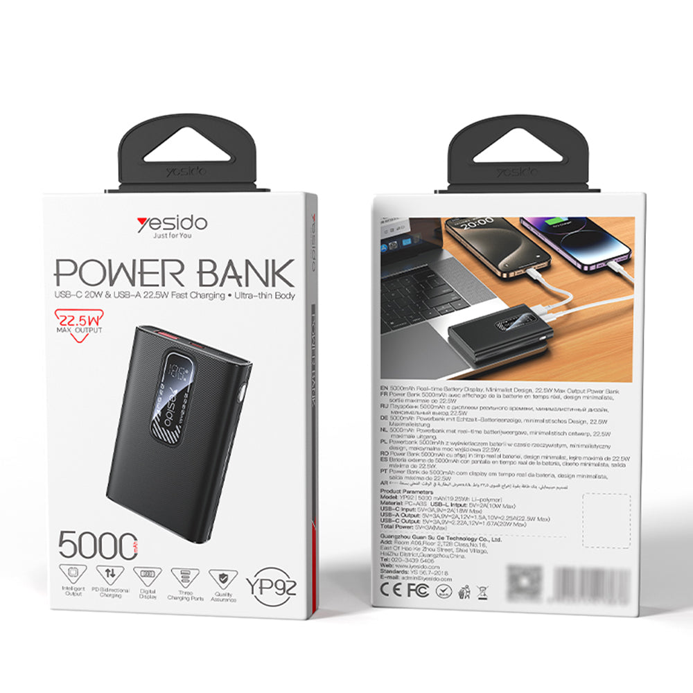 Bateria Externa Yesido YP92, 5000mAh, 22.5W, QC + PD, 1 x USB-A - 1 x USB-C, Preta