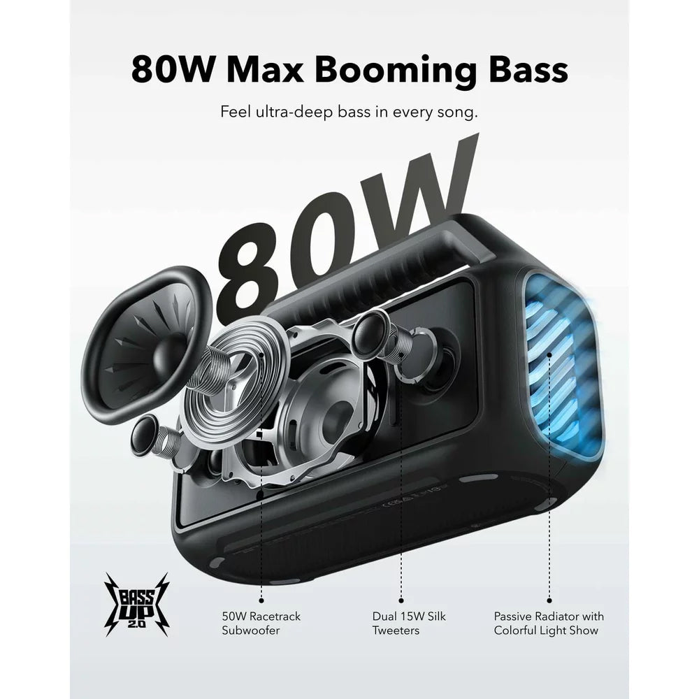 Coluna Portátil Bluetooth Anker SoundCore Boom 2, 80W, TWS, RGB, à Prova de Água, Preta A3138011