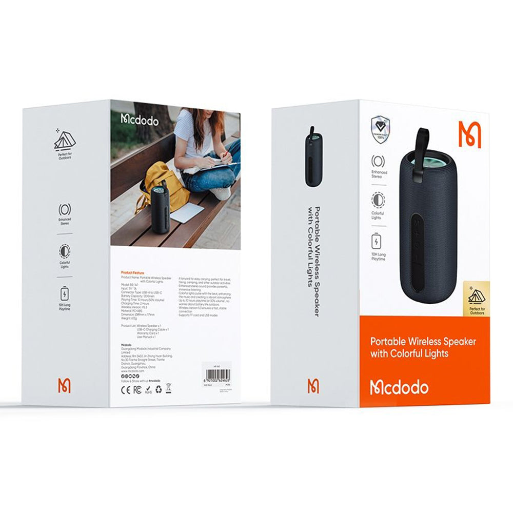 Coluna Portátil Bluetooth McDodo BS-1410, 2 x 5W, RGB, à Prova de Água, Preta