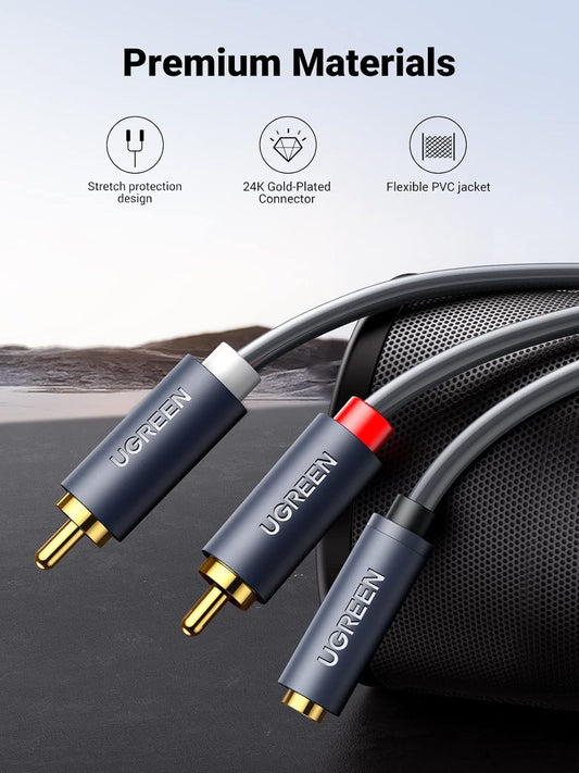 Cabo áudio 3,5 mm - 2 x RCA UGREEN AV102, 1 m, cinzento