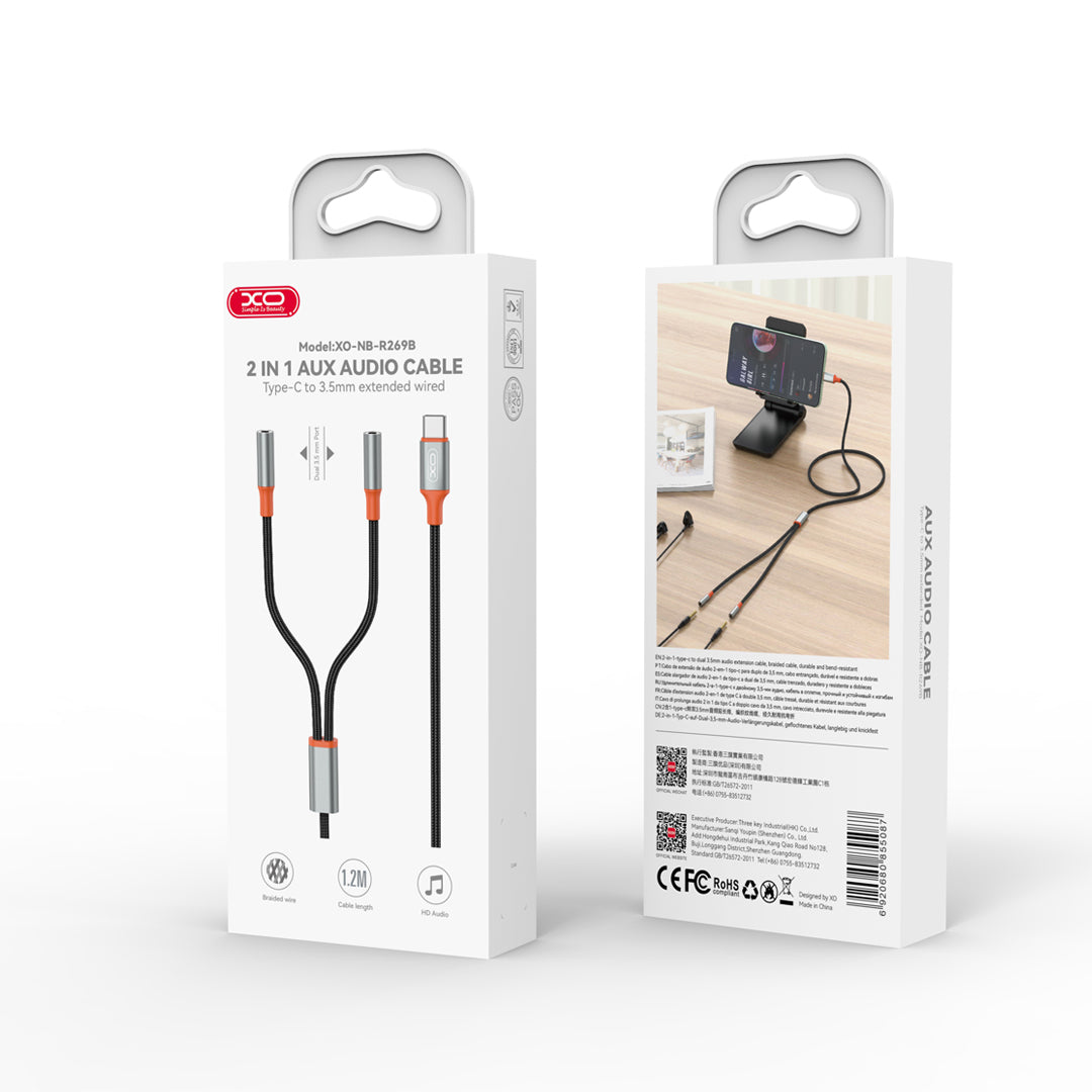 Cabo de Áudio Splitter USB-C - 2 x 3.5mm XO Design NB-R269B 2in1, 1.2m, Preto
