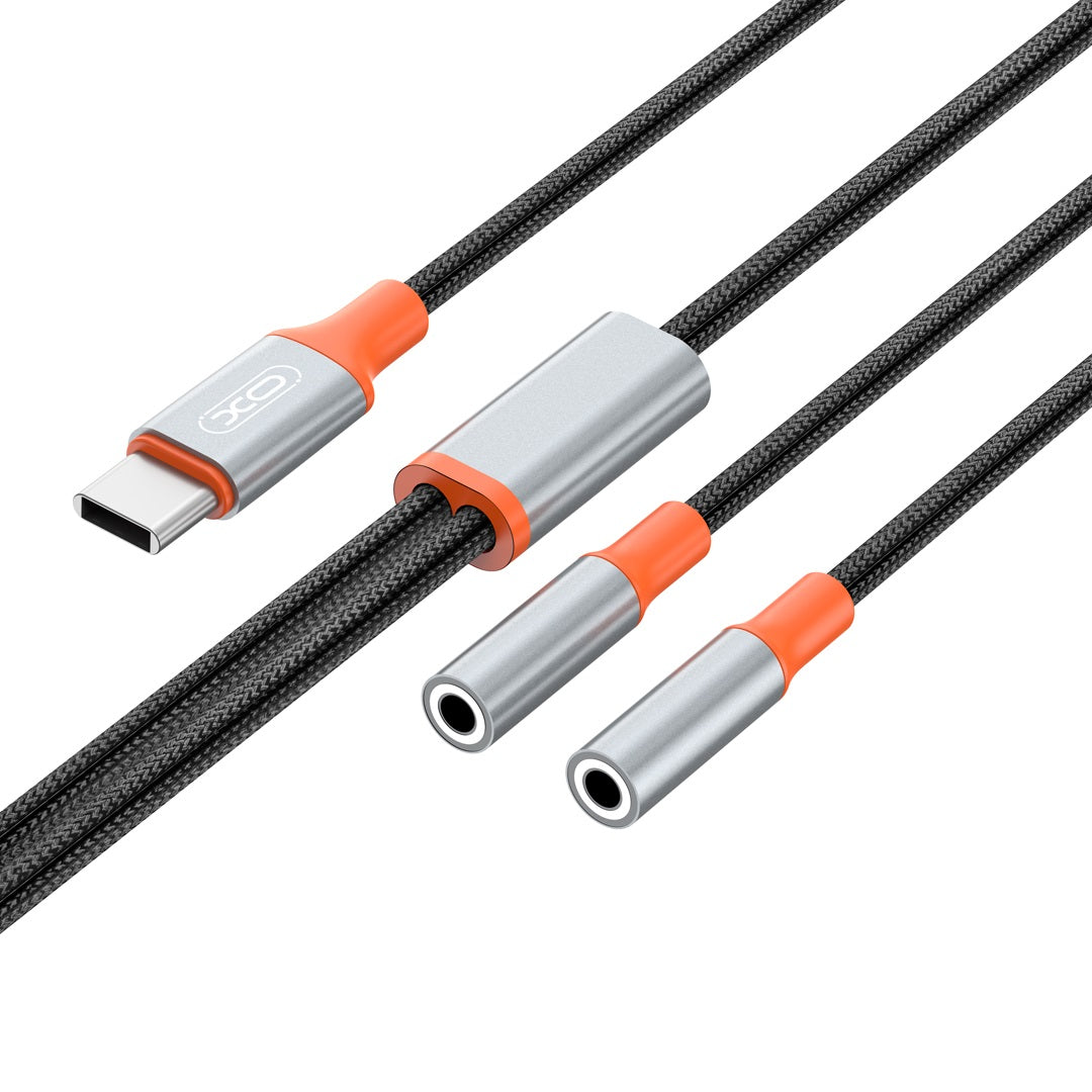 Cabo de Áudio Splitter USB-C - 2 x 3.5mm XO Design NB-R269B 2in1, 1.2m, Preto