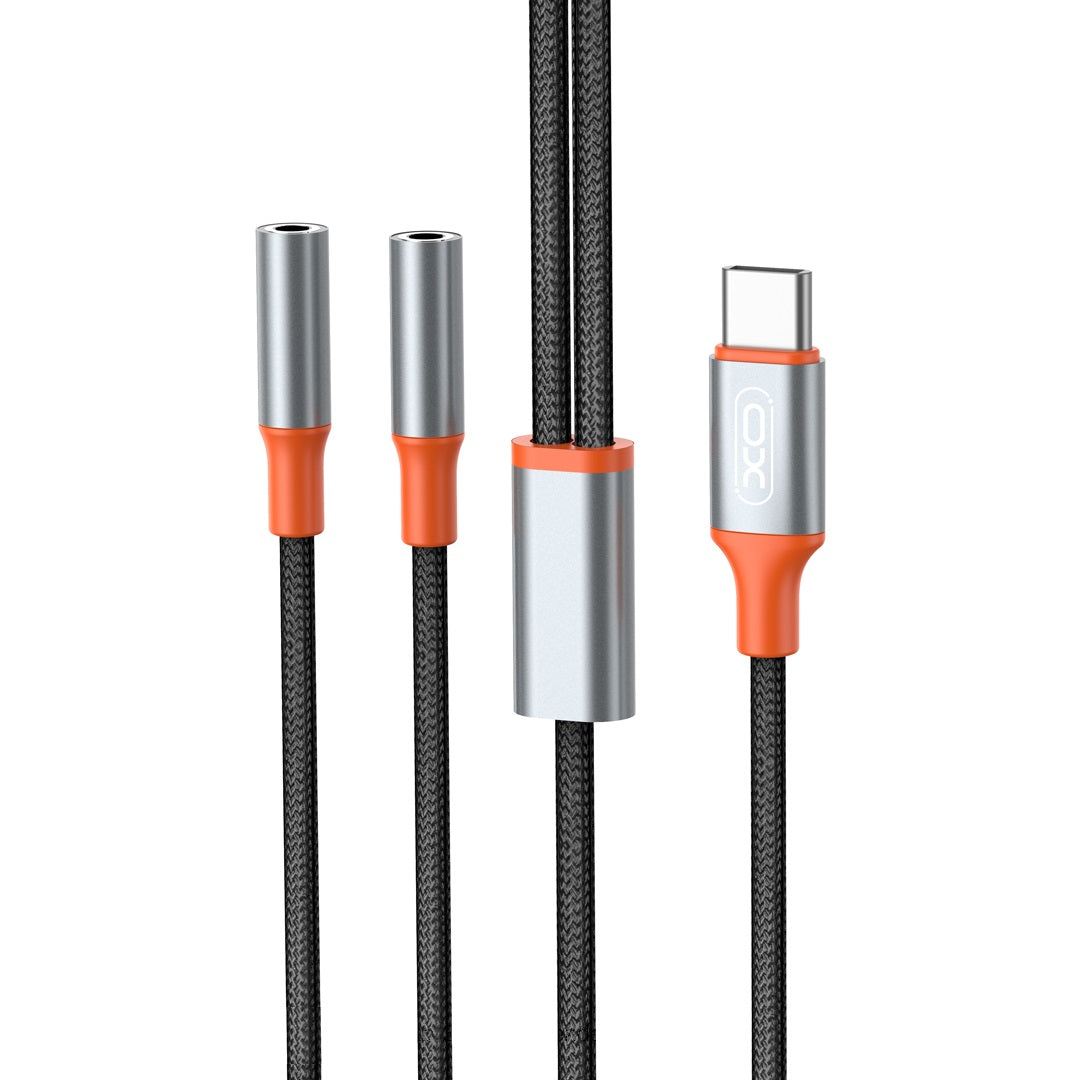 Cabo de Áudio Splitter USB-C - 2 x 3.5mm XO Design NB-R269B 2in1, 1.2m, Preto