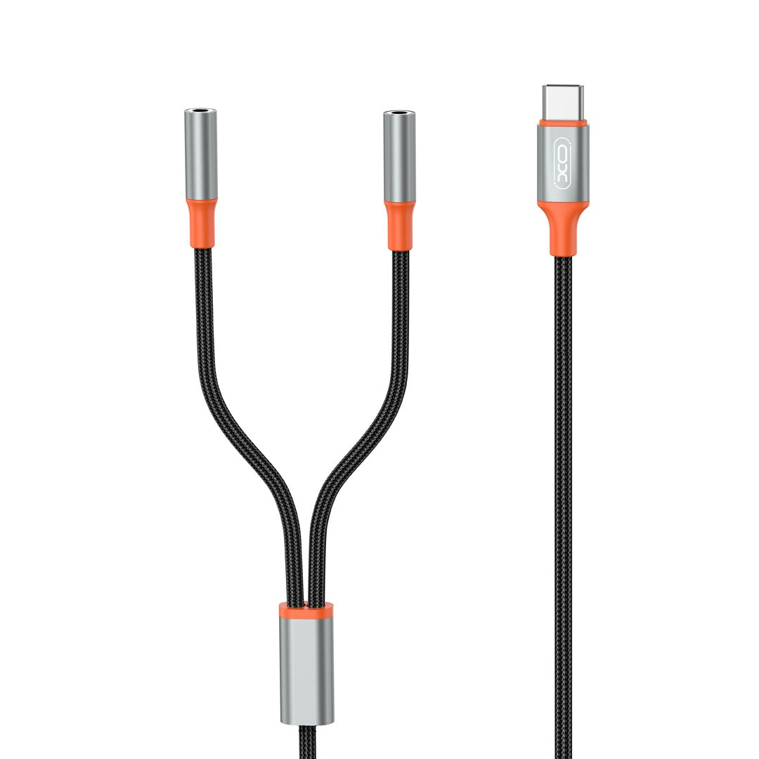 Cabo de Áudio Splitter USB-C - 2 x 3.5mm XO Design NB-R269B 2in1, 1.2m, Preto
