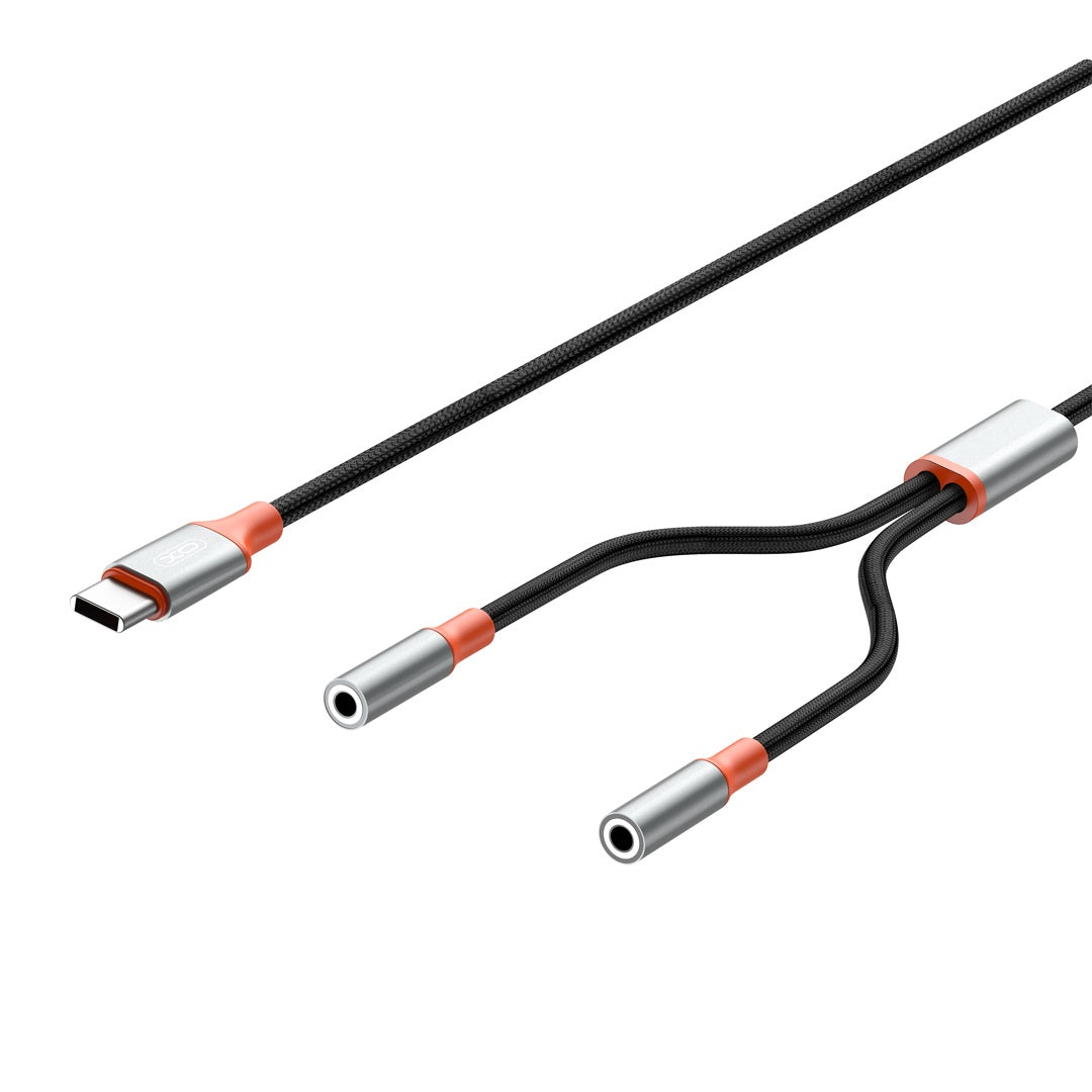 Cabo de Áudio Splitter USB-C - 2 x 3.5mm XO Design NB-R269B 2in1, 1.2m, Preto