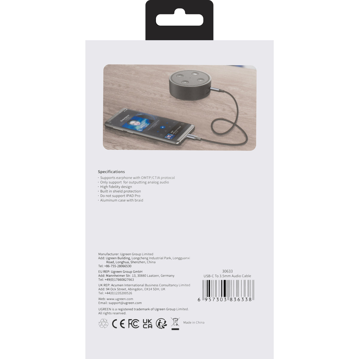 Cabo Áudio USB-C - 3.5mm UGREEN AV143, 1m, Cinzento