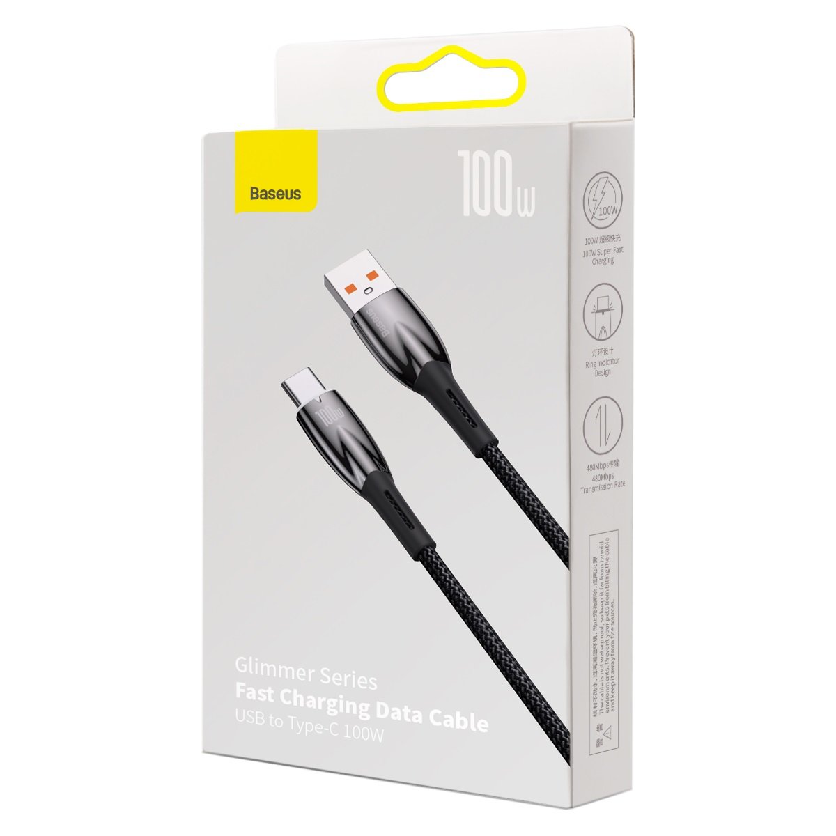 Cabo de carregamento e dados USB-A para USB-C Baseus Glimmer Series, 100W, 2m, preto CADH000501 CADH000501