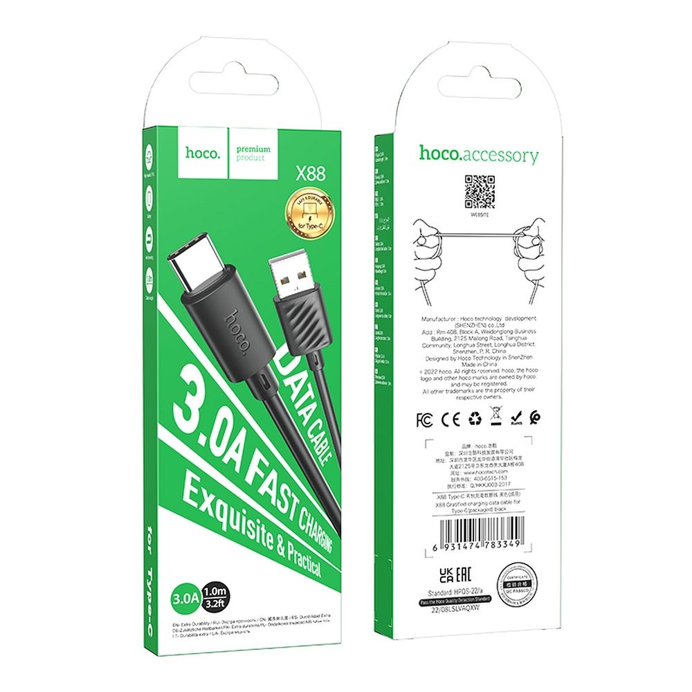 Cabo de carregamento e dados USB-A - USB-C HOCO X88, 18W, 1m, preto
