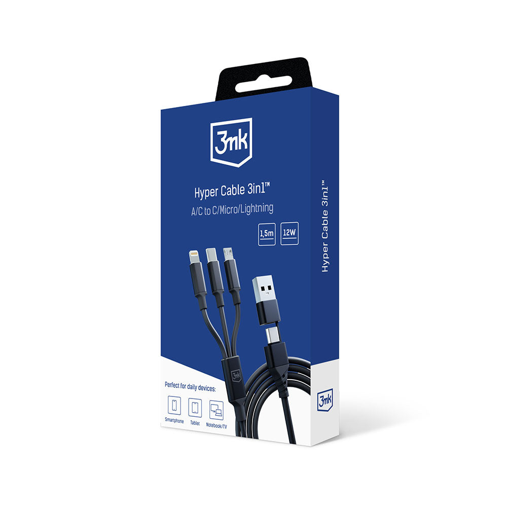 Cabo de Carregamento USB-A / USB-C - Lightning / microUSB / USB-C 3MK Hyper 3in1, 12W, 1.5m, Preto