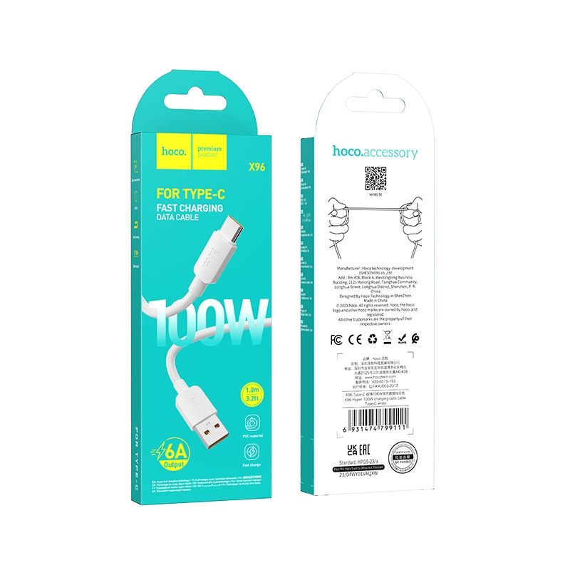 Cabo de Dados e Carregamento USB-A - USB-C HOCO X96, 100W, 1m, Branco