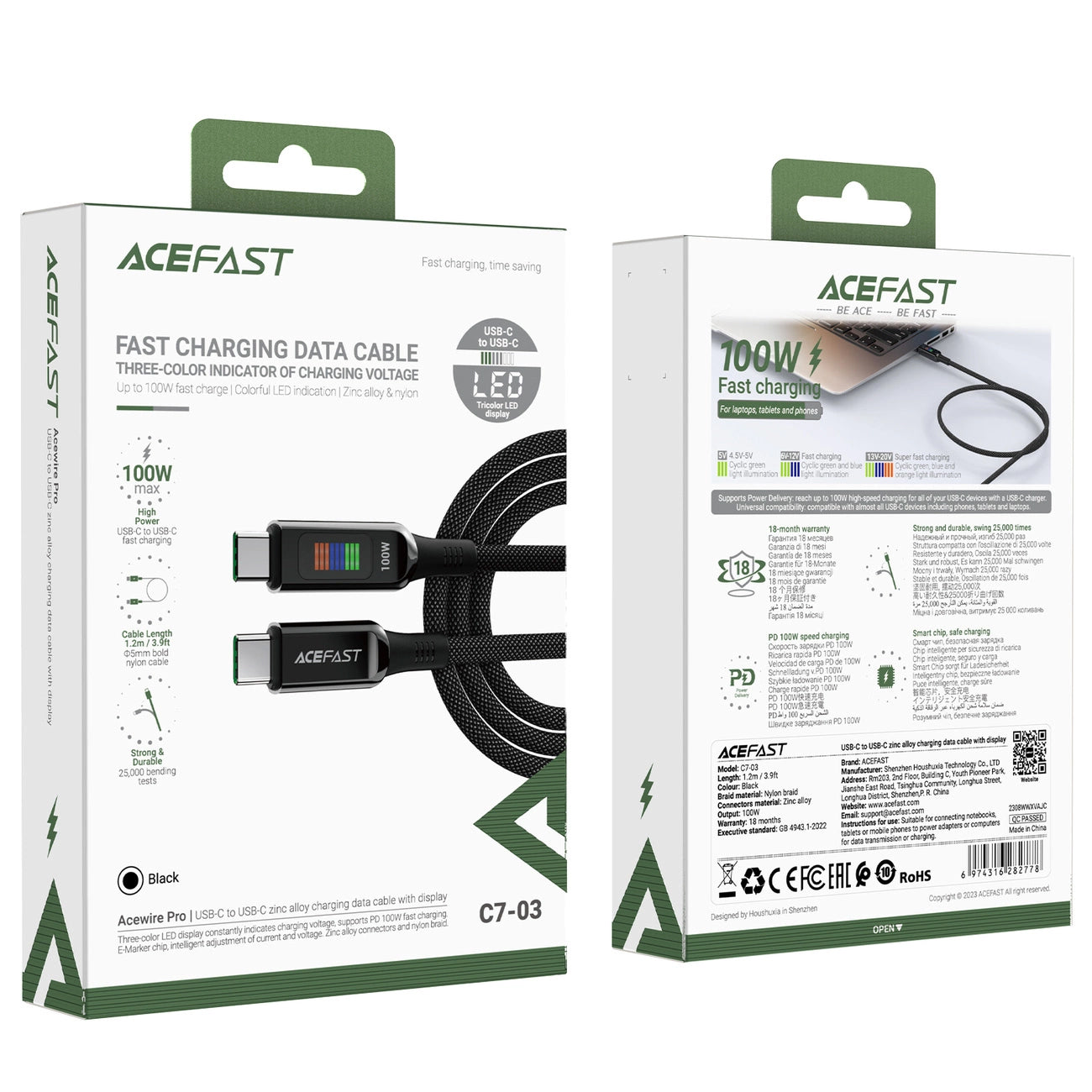 Cabo de Dados e Carregamento USB-C - USB-C Acefast C7-03, 100W, 1.2m, Preto