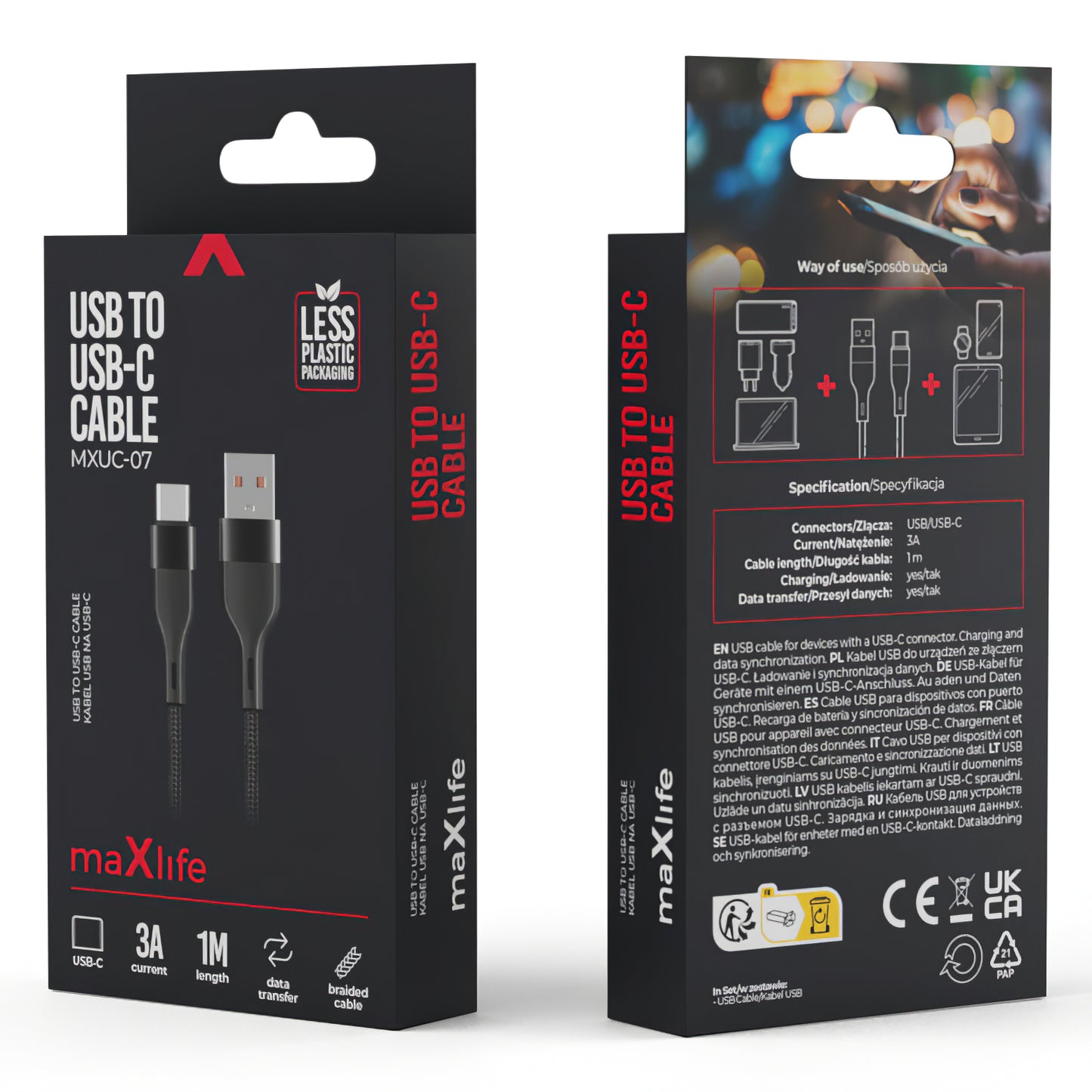 USB-A para USB-C MaXlife MXUC-07, 20W, 1m, preto