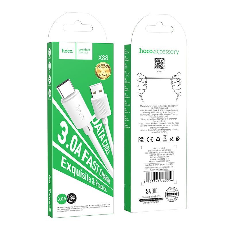 Cabo de carregamento e dados USB-A - USB-C HOCO X88, 18W, 1m, branco
