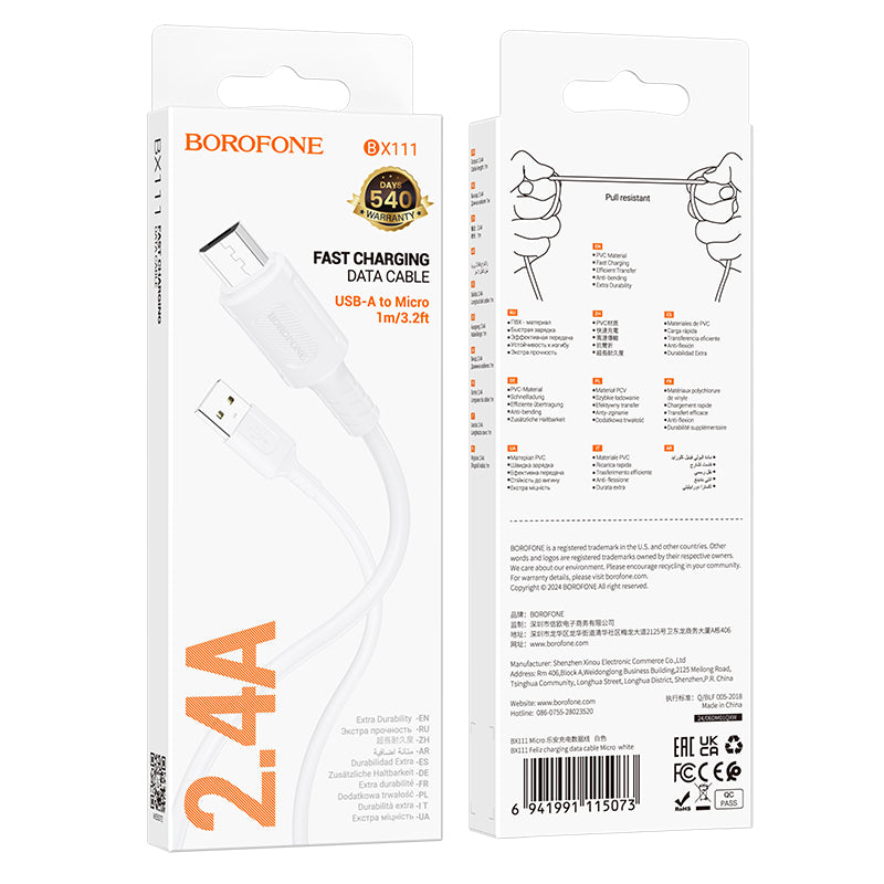 Cabo de carregamento e dados USB-A - microUSB Borofone BX111 Feliz, 18W, 1m, Branco