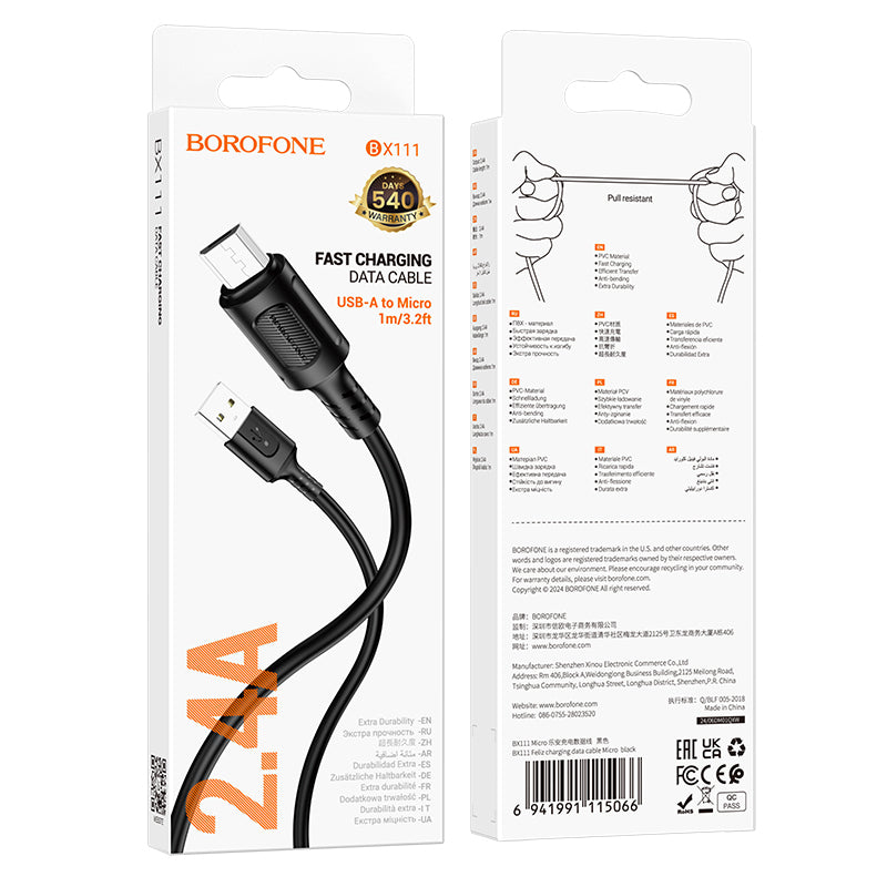 Cabo de carregamento e dados USB-A - microUSB Borofone BX111 Feliz, 18W, 1m, Preto