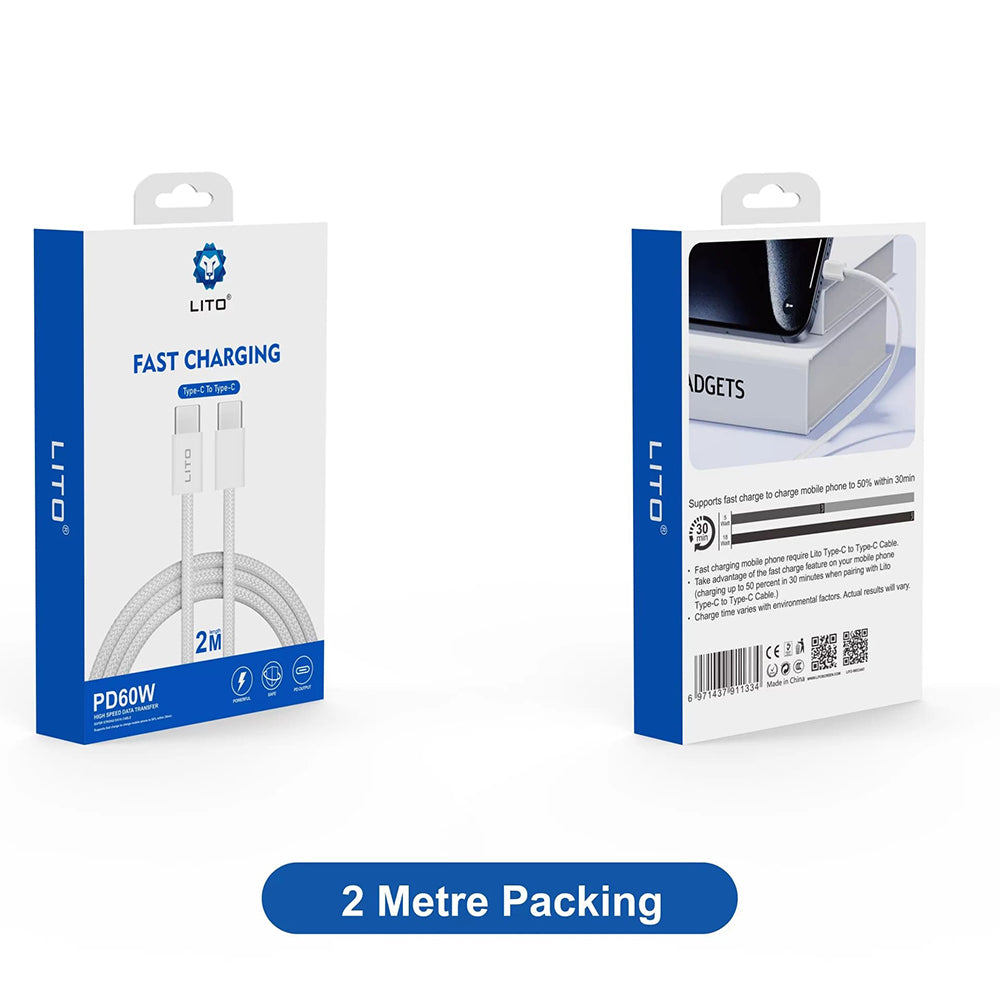 Cabo de Dados e Carregamento USB-C - USB-C Lito LD04CC, 60W, 2m, Branco